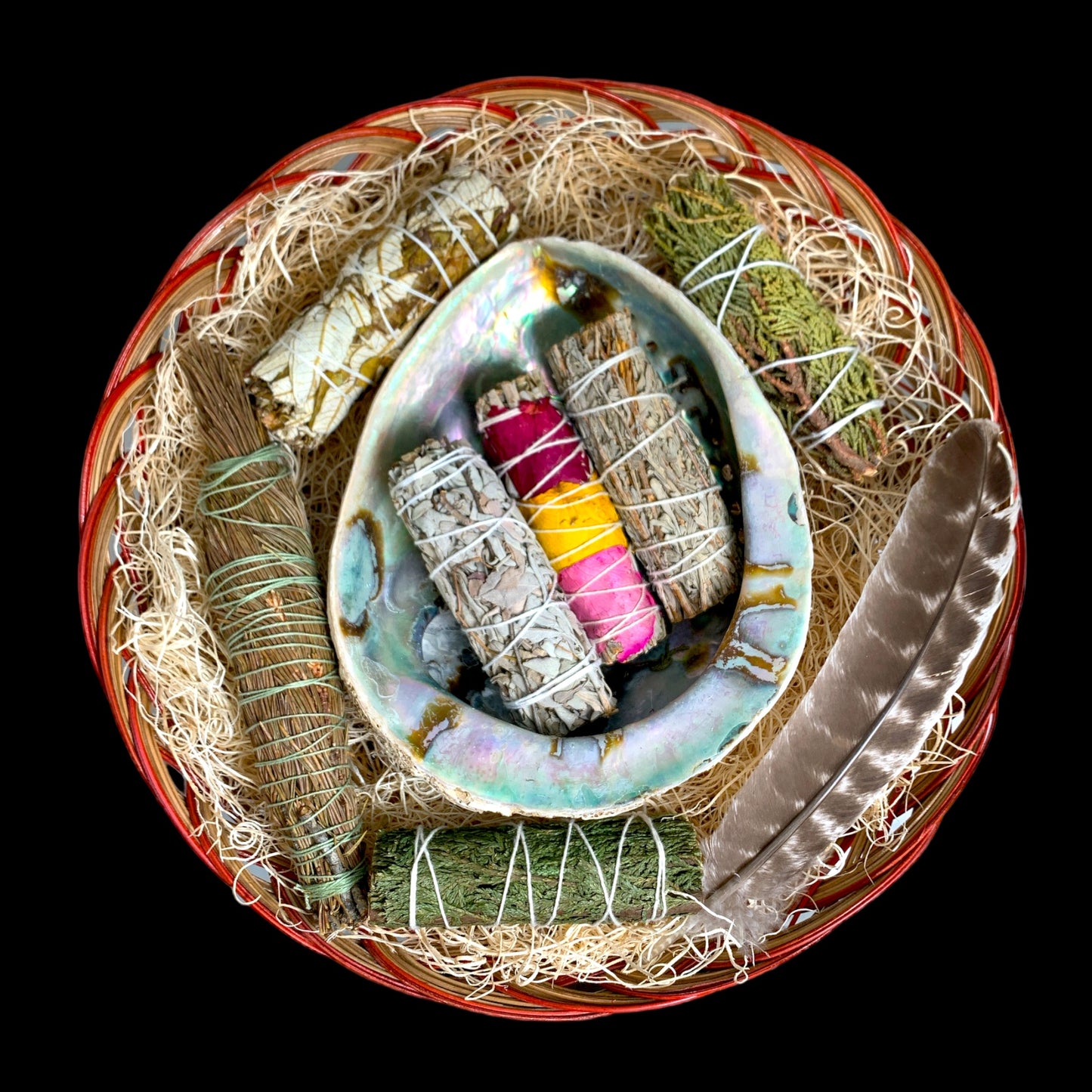 Deluxe Large Smudge Kit in 12 inch Woven Basket with 6-8 inch Midae Abalone, Feather, and 7 Smudge Samplers - 4 inch - NEW523