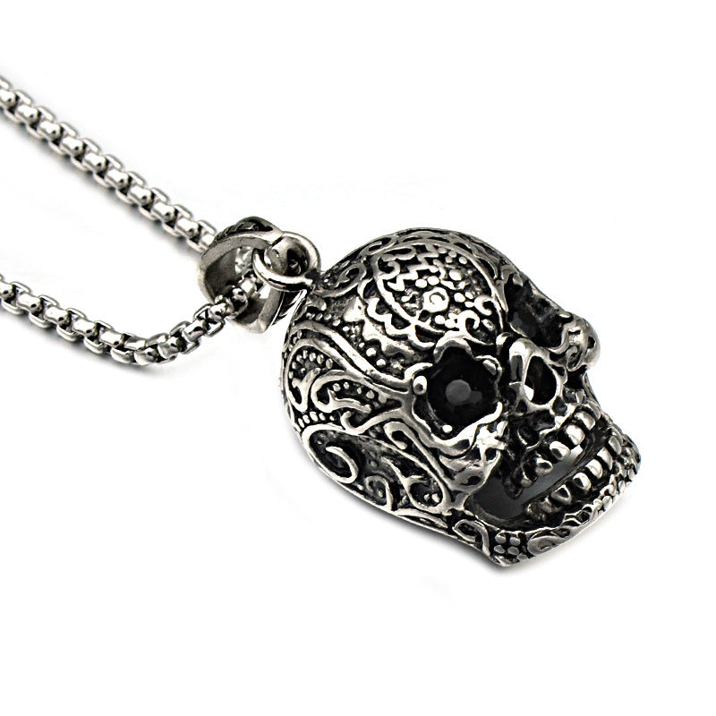 Stainless Steel Skull Pendant with Black Rhinestones on Chain - Blacken - 23x51mm - NEW1122