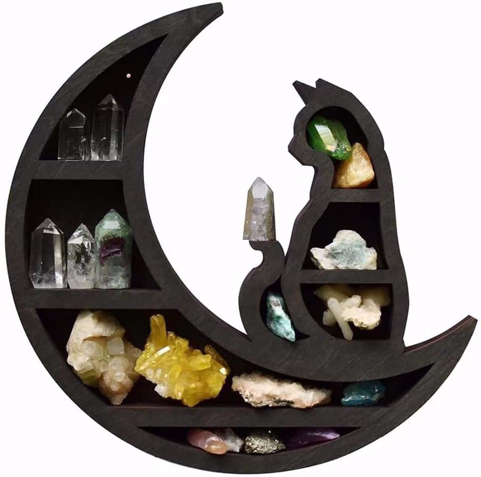 Crescent Moon and Cat Shelf - Black Wood - 12 x 11.5 inch - Made in China - NEW1022