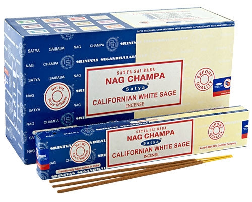 Satya Incense - White Sage & Nag Champa - Box Of 12 Packs - Each pack contains 8gms each of both scents - NEW1120