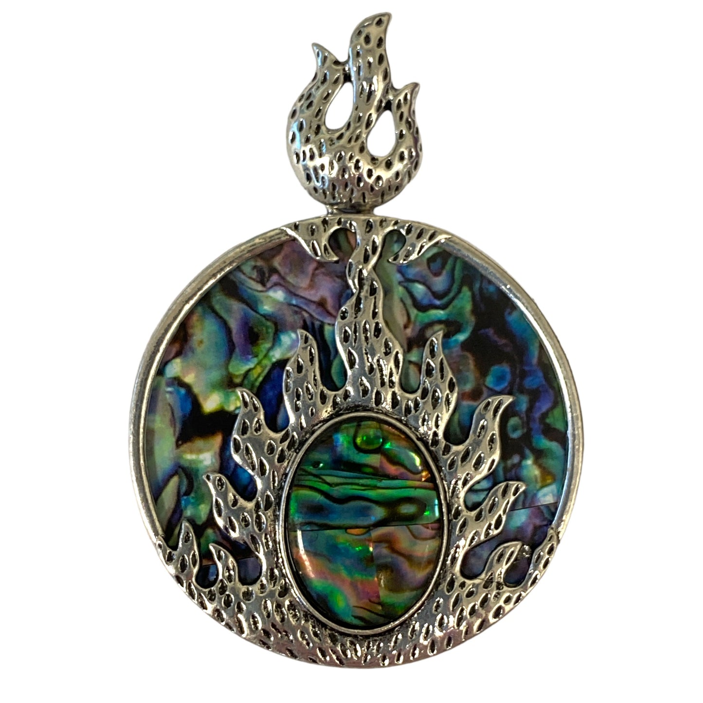 Round Flame Design Pendant with Abalone Shell inlay - Silver Color Plated Metal - 45mm - China - NEW1022