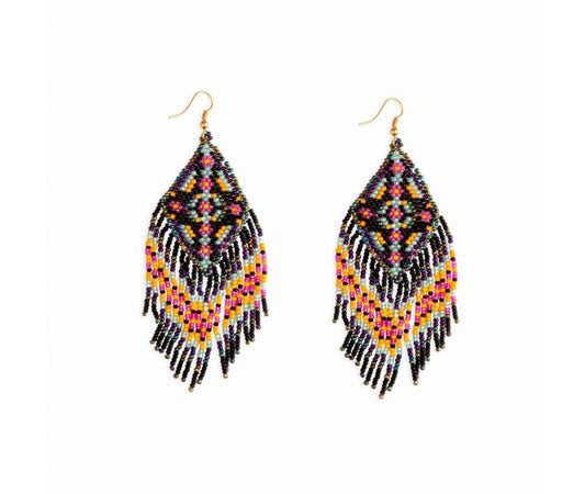 Winds of Color Glass Beaded Earrings - 3.75 inch Long - black & multicolors - NEW424
