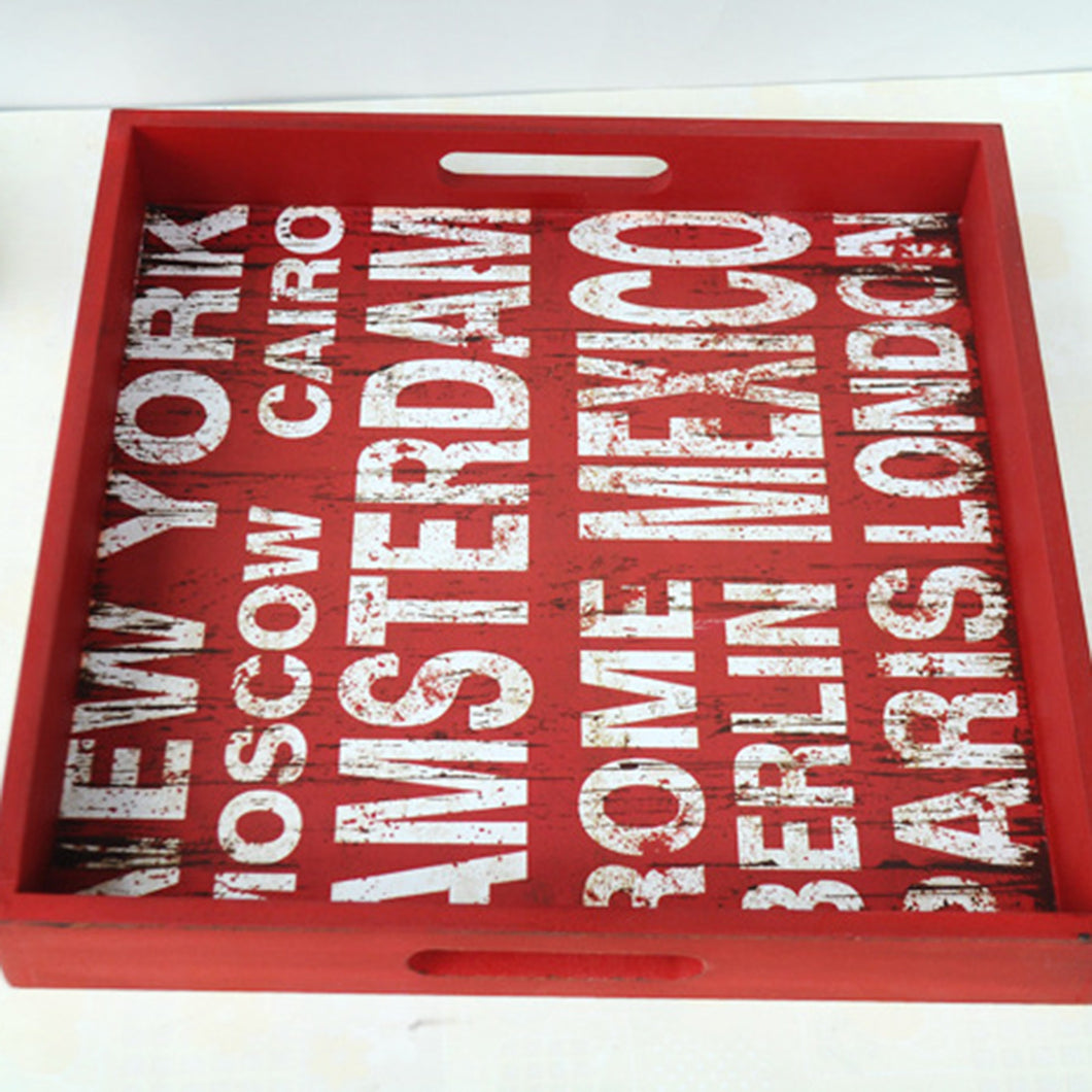 Wood Serving Tray with CITY NAMES - RED - Size: 13.75 x 2 inch - 35x5cm deep - NEW1020