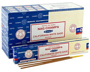 Satya Incense - White Sage  & Nag Champa - Box Of 12 Packs - Each pack contains 8gms each of both scents - NEW1120