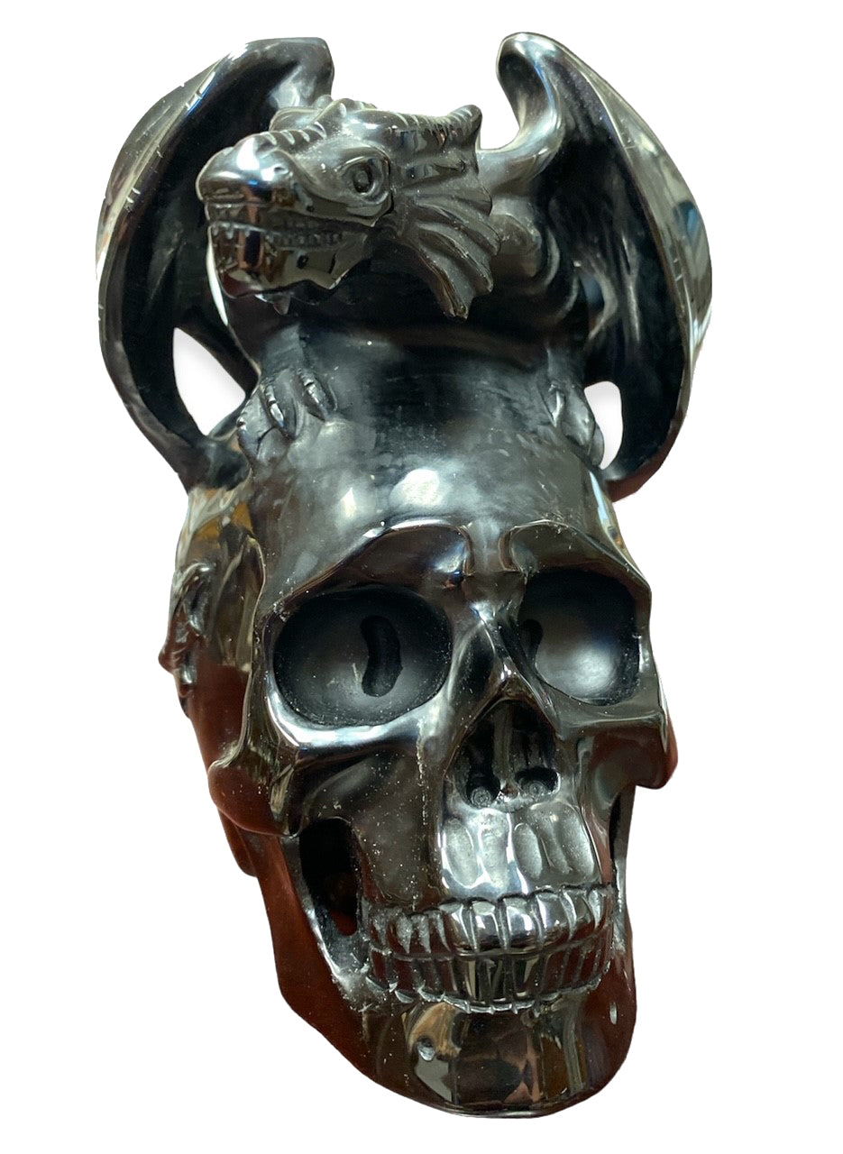 Skull with Dragon - 6x5 inch - Black Obsidian -  Large - China - NEW822