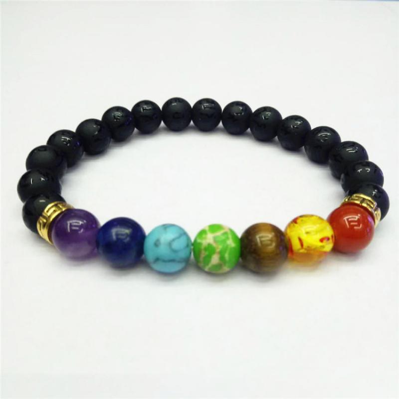Chakra Gem Stone Bracelet with Black & Gold Bead - 8mm Length 7.5 Inch - NEW521