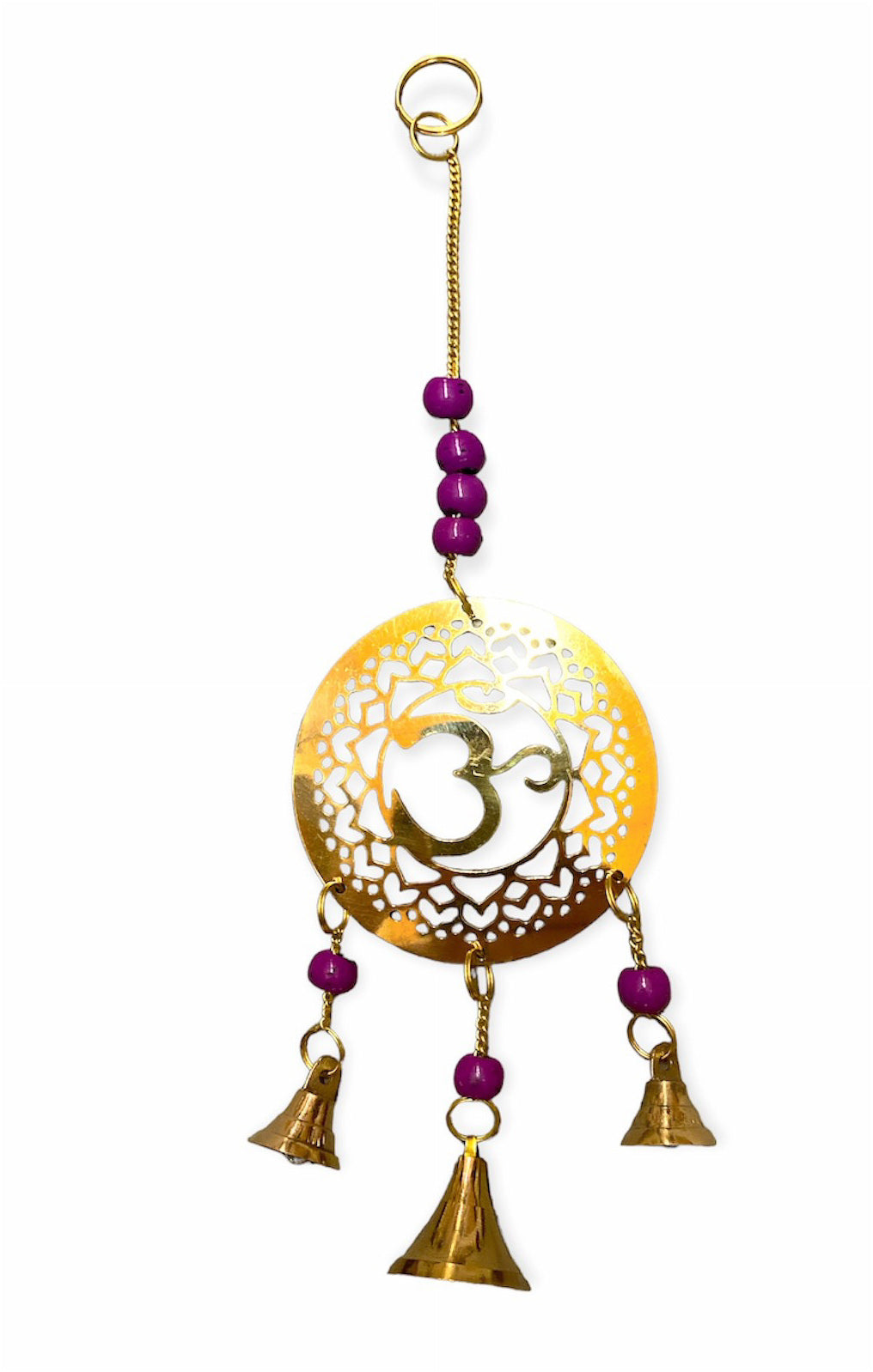 Crown Chakra Brass WIND CHIME with Violet beads 3 Bells - 11 inch - India - NEW1121