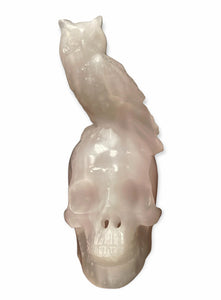 SKULL with Owl - PINK CALCITE - 130mm Tall MEDIUM - China - NEW722