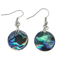 Round Abalone Shell Pair of Earrings - 40mm L 16x16x1.5mm - Brass Hooks Platinum Color Plated - NEW322