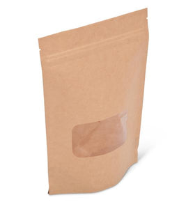 PK/100 - Stand Up Barrier Pouches - Kraft with Window - 6x9x3 inch 8 oz.