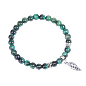 Green Tiger Eye Bracelet with Feather Charm - 6mm 7.5 Inch - NEW523