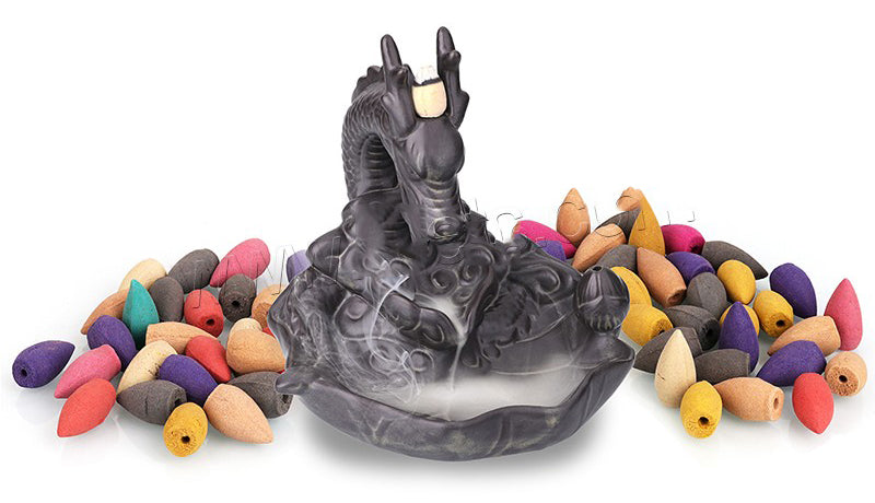 Dragon Incense Backflow & Incense Burner - Ceramic Porcelain handmade with 50 pieces of Backflow Incenses - Black 16x15.5cm - NEW920